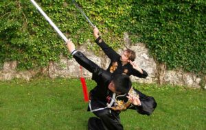 Niall and Wang using Tai Chi Sword posing